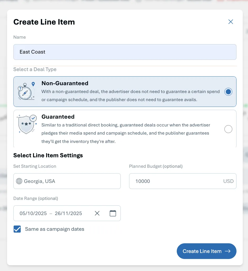 DOmedia programmatic line item setup screen